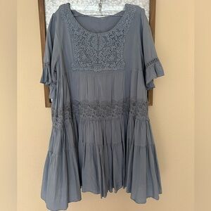 Altar'd State Womens Blue Short Sleeve Boho Mini Dress Size Large Babydoll